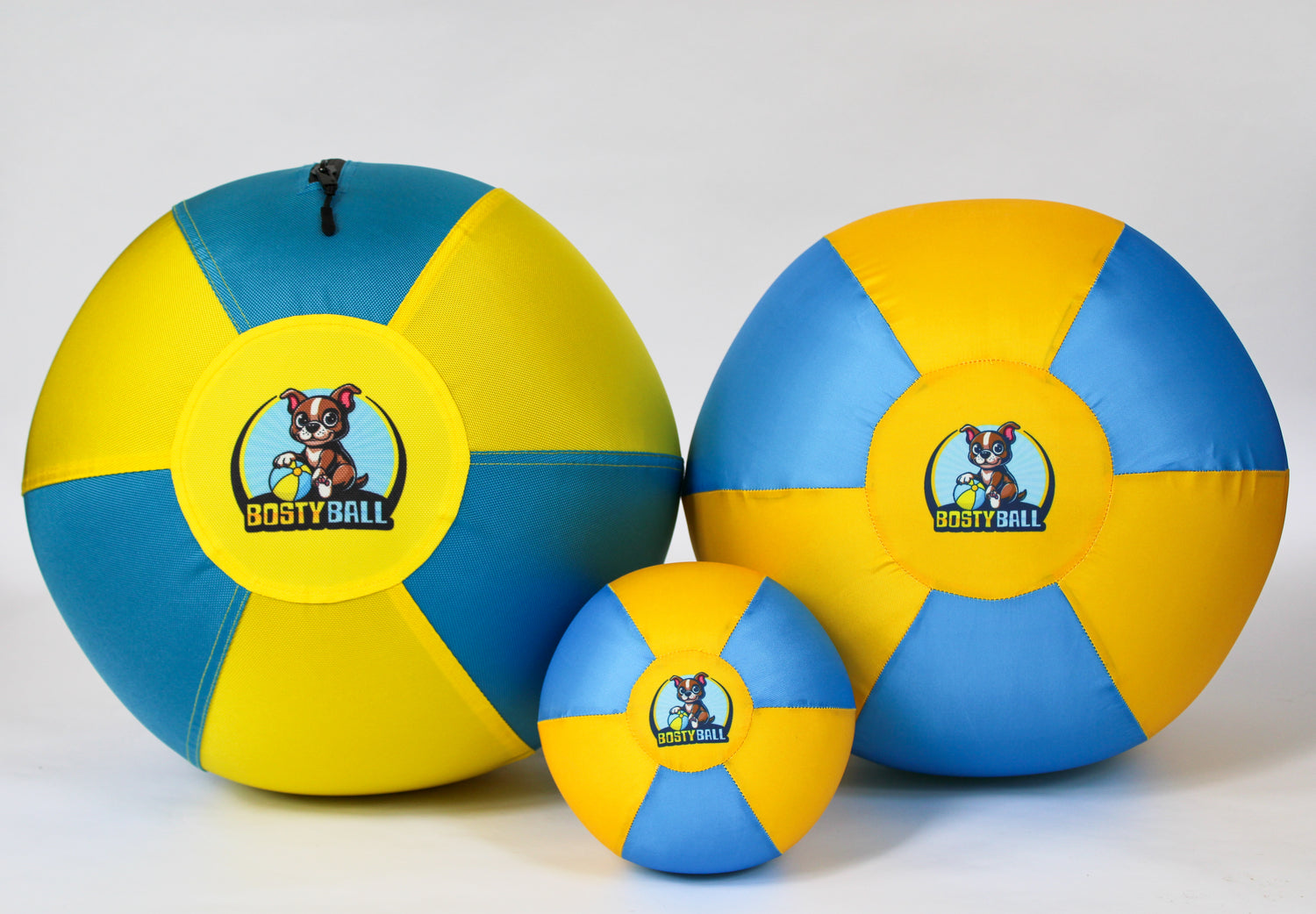 Three Bosty Balls in different sizes—MAX 18-inch, LITE 16-inch, and MINI 8-inch—showing their blue and yellow nylon covers and center logo.